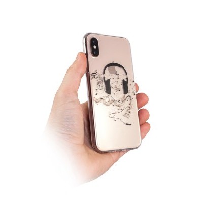 Telemóvel dourado com capa transparente e desenho de auscultadores e ondas de som