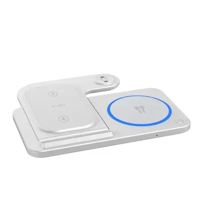 Carregador sem fios branco com três áreas de carregamento e ícones distintos