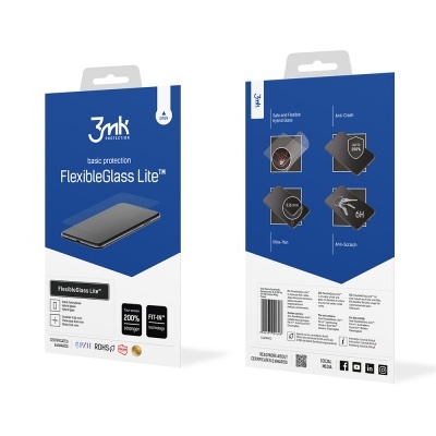Embalagem azul e branca de película protetora 3mk FlexibleGlass Lite para telemóvel