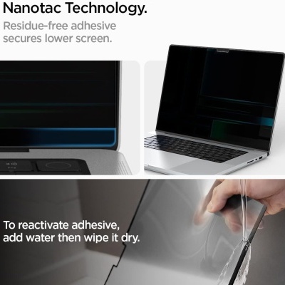 Laptop com película protetora transparente descrita com tecnologia Nanotac e instruções para reativar adesivo