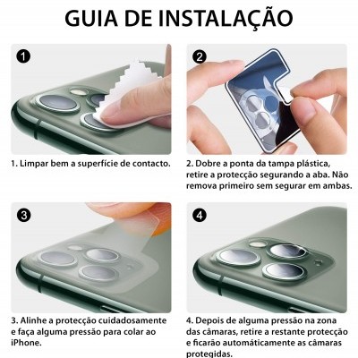 Guia de instalação para proteção de câmaras de iPhone em português com instruções ilustradas.