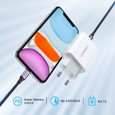 Carregador UGREEN branco com cabo USB-C ligado a smartphone com ecrã colorido.