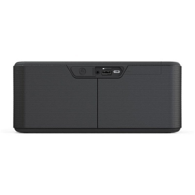 Coluna portátil preta com portas USB e botão de energia