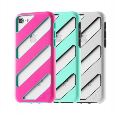 Três capas coloridas para smartphone com cortes diagonais abrindo para o logótipo da Apple