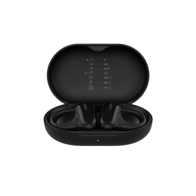 Auscultadores sem fios Belkin pretos na caixa de carregamento preta com texto e símbolos na tampa