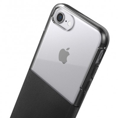 Capa para smartphone transparente e preta com telemóvel Apple prateado