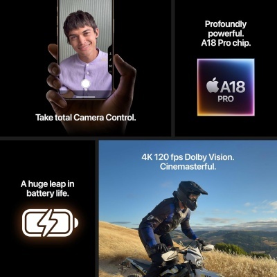 Montagem promocional de um telemóvel com funcionalidades e chip A18 Pro da Apple