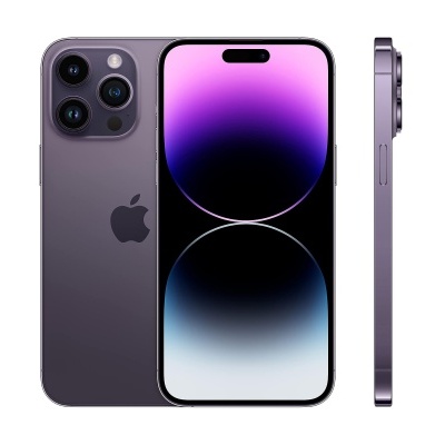 Smartphone moderno roxo com três câmeras na traseira e ecrã com recorte superior