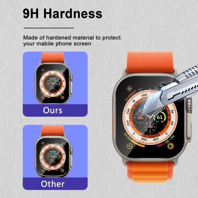 Relógio inteligente com bracelete laranja e texto sobre proteção 9H Hardness