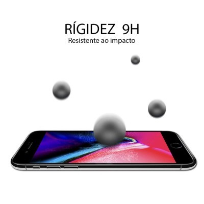 Smartphone preto com ecrã colorido e texto RÍGIDEZ 9H Resistente ao impacto