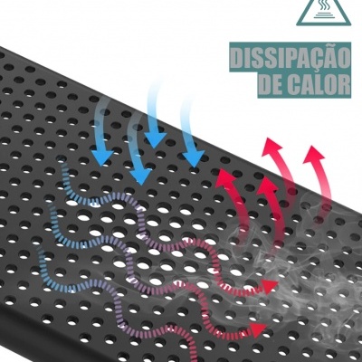 Superfície preta com orifícios circulares e texto 'DISSIPAÇÃO DE CALOR'