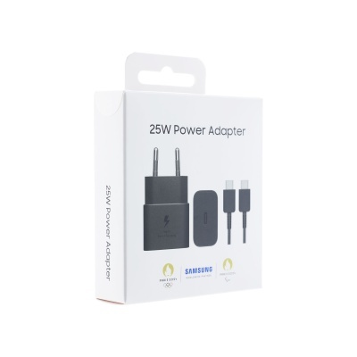 Adaptador de energia Samsung 25W preto com cabo USB-C na embalagem branca