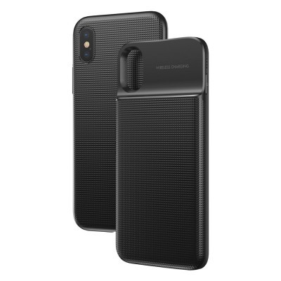 Capa preta para smartphone com textura e texto 'WIRELESS CHARGING'