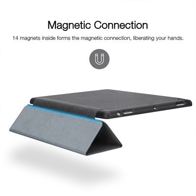 Capa protetora cinza e azul para tablet com conexão magnética
