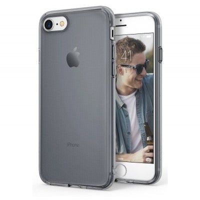 Capa protetora transparente para iPhone cinza com smartphone branco