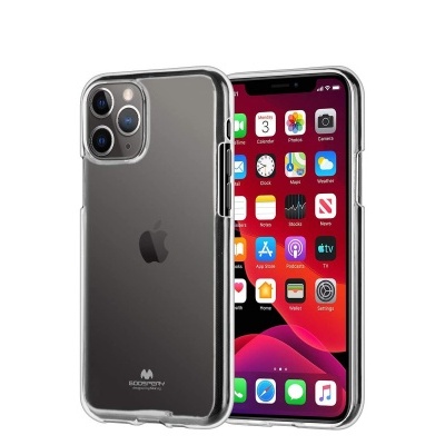 Smartphone cinza com capa transparente de silicone e ecrã ligado mostrando ícones de apps