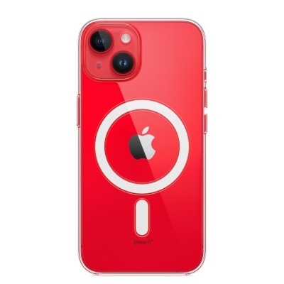 Smartphone vermelho com capa protetora transparente e logotipo Apple em fundo branco