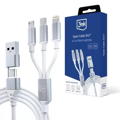 Cabo USB branco 3 em 1 com embalagem azul