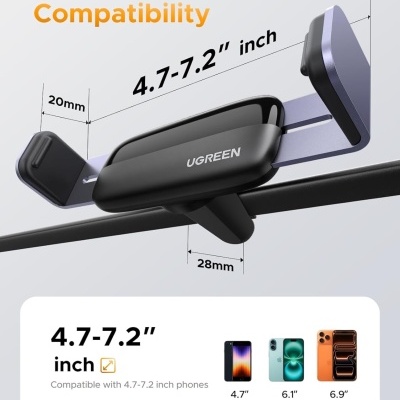 Suporte para telemóvel UGREEN preto e cinzento com medidas indicadas e compatibilidade para dispositivos 4.7-7.2 polegadas