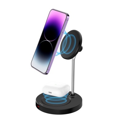 Base carregamento wireless preta com suporte telemóvel lilás e auscultadores brancos