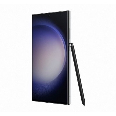 Smartphone preto com ecrã grande e caneta stylus