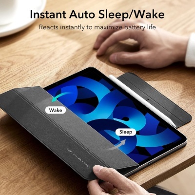 Capa protetora preta para tablet com texto sobre função Sleep/Wake