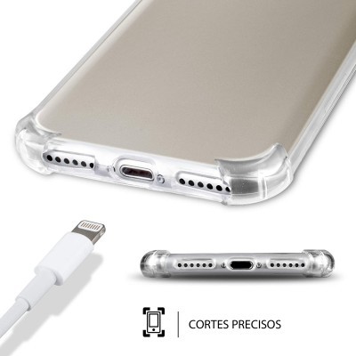 Capa transparente de telemóvel com cabo branco e texto 'CORTES PRECISOS'