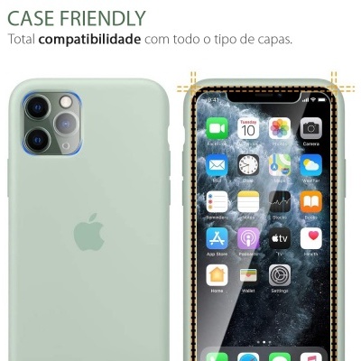 Capa protetora verde clara para iPhone e telemóvel com ecrã ligado e texto de compatibilidade