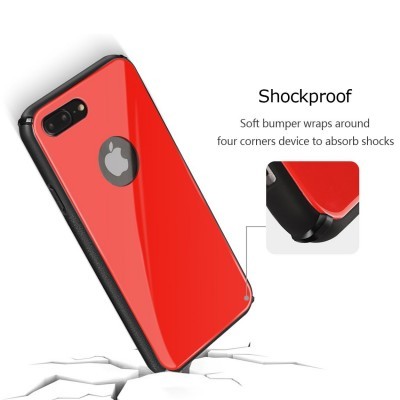 Capa de telemóvel vermelha com proteções pretas nas bordas e texto explicativo