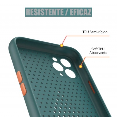 Capa de telemóvel verde perfurada com botões laranja e texto informativo