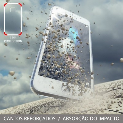 Smartphone branco protegido com detritos voando ao redor, destacando proteção 360º e texto em português.