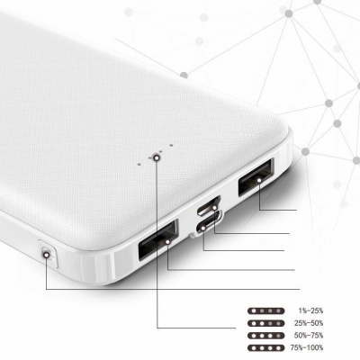 Power bank branco com indicadores de nível de carga e portas USB