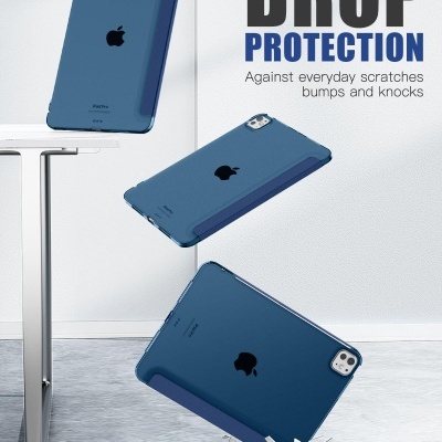 Três iPads com capa azul em diferentes posições e texto de proteção contra quedas