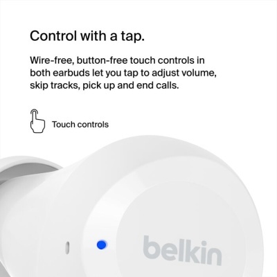 Auricular branco Belkin com controlo táctil e indicador azul