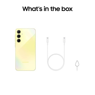 Smartphone amarelo Samsung com três câmaras, cabo USB branco e ferramenta de metal em fundo branco com texto