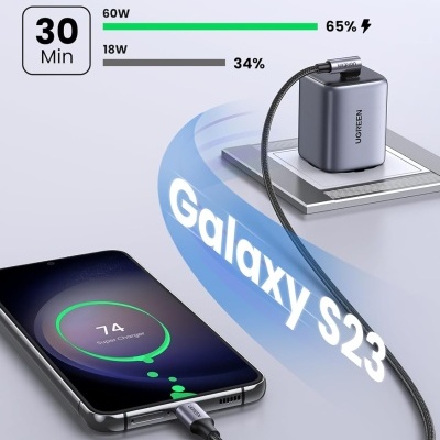 Cabo e carregador UGREEN a carregar um smartphone Galaxy S23.