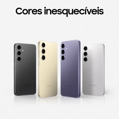 Quatro smartphones Samsung coloridos lado a lado com texto 'Cores inesquecíveis'