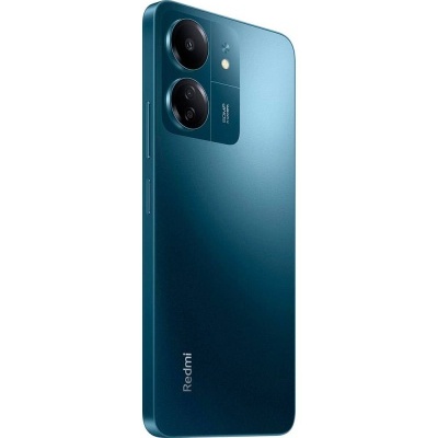 Smartphone Redmi azul escuro com duas câmaras traseiras e texto visível