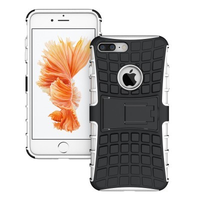 Capa protetora preta e cinzenta para telemóvel branco com padrão quadrado e suporte integrado