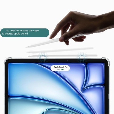Apple Pencil branco a ser usado para carregar tablet com ecrã azul.