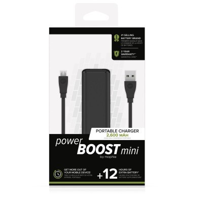 Carregador portátil Power Boost Mini da Mophie preto na embalagem branca