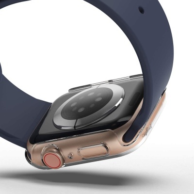 Relógio inteligente dourado com pulseira azul escura