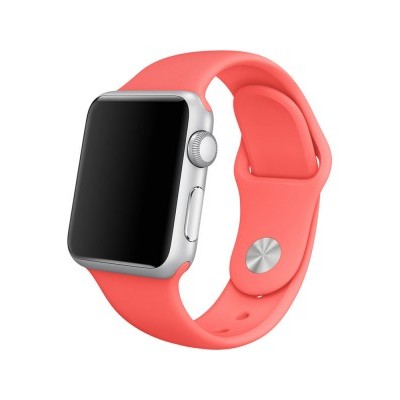 Relógio inteligente com caixa metálica prateada e pulseira de silicone cor-de-rosa