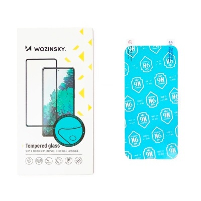 Embalagem branca e protector de ecrã azul para smartphone