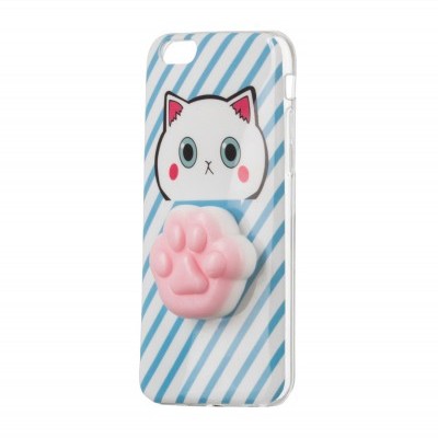 Capa para telemóvel com padrão de riscas azuis e brancas e desenho de gato com pata de gato em relevo