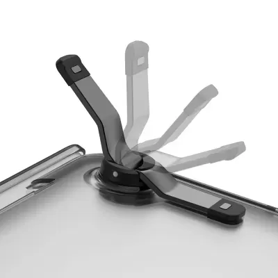 Tampa de panela em aço inox com alças pretas articuladas em diferentes posições