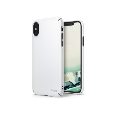 Capa protetora branca para smartphone com detalhes pretos e texto Ringke