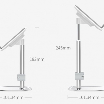 Suporte ajustável branco e prata para tablet em fundo branco