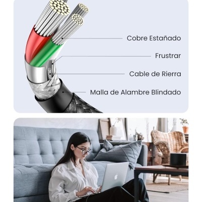 Diagrama de cabo e mulher a usar portátil na sala