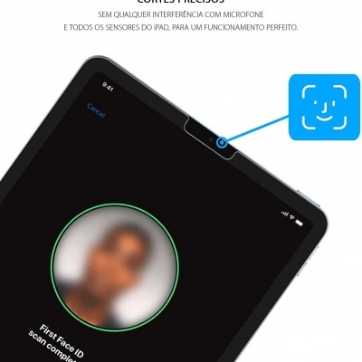 Tablet preto a realizar reconhecimento facial com texto em português e ícone azul de reconhecimento facial